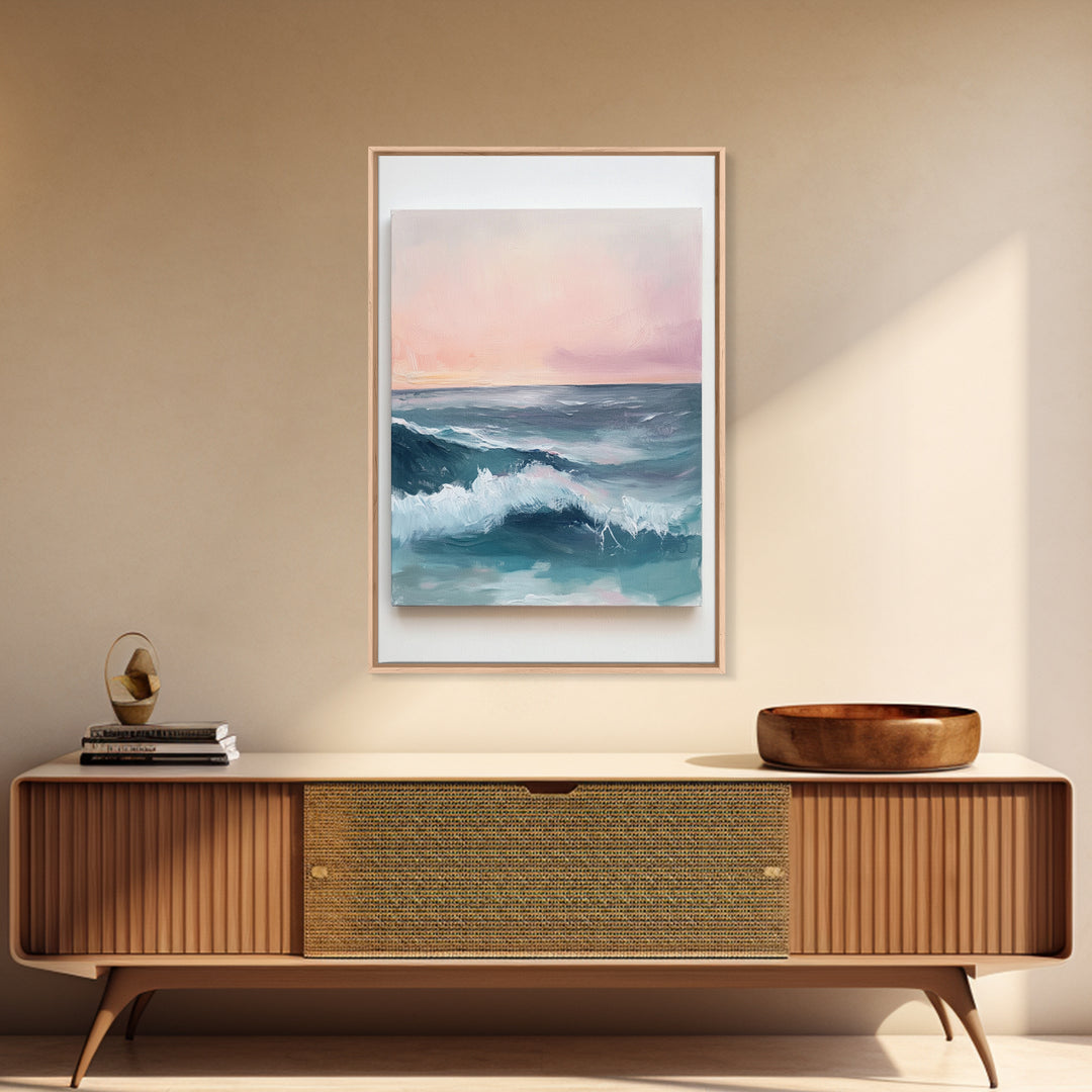 Ocean Sunset Waves, coastal decor, nautical painting, pink orange wall art, coastal landscape art, Canvas Print