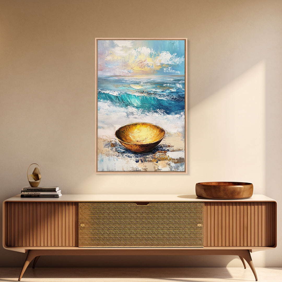 Ocean and Golden Bowl, coastal decor, nautical wall art, rustic wall art, abstract painting, seascape painting, Canvas Print