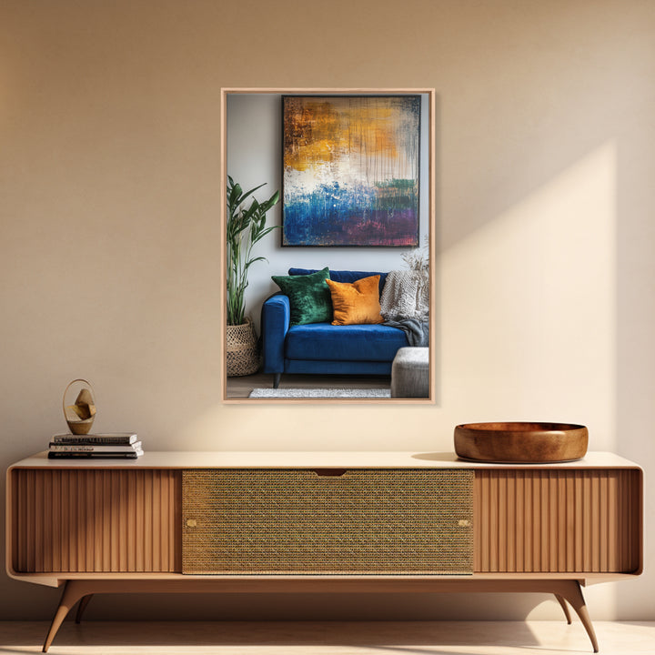 Abstract Color Drip, moody art, pink orange wall art, geometric wall art, bold living room art, Framed Canvas Print