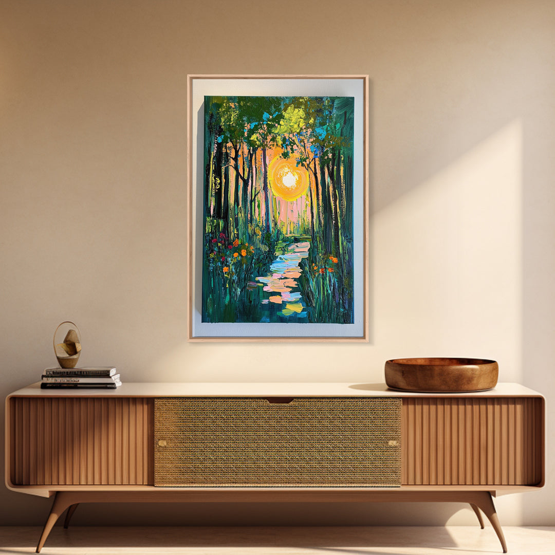 Forest Sunrise Path, wildflower painting, forest at dusk painting, wabi sabi wall art, whimsical art, Canvas Print