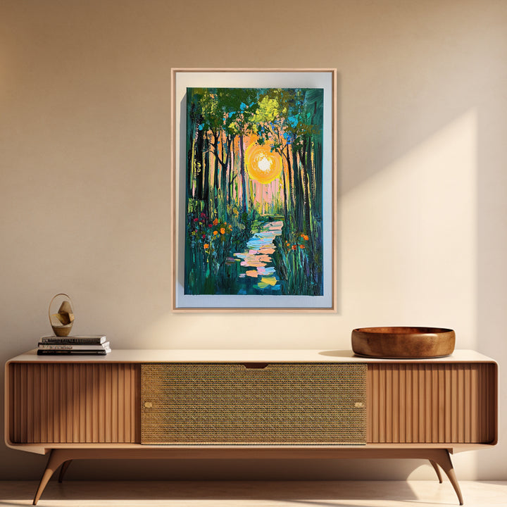 Forest Sunrise Path, wildflower painting, forest at dusk painting, wabi sabi wall art, whimsical art, Canvas Print