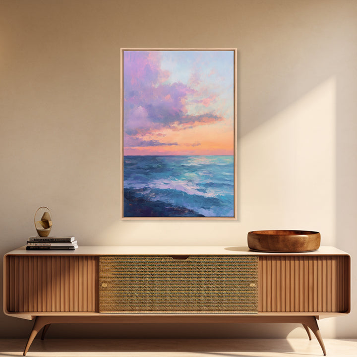 Ocean Sunset View, coastal landscape art, pink orange wall art, seascape painting, framed canvas print, bedroom art, nautical decor