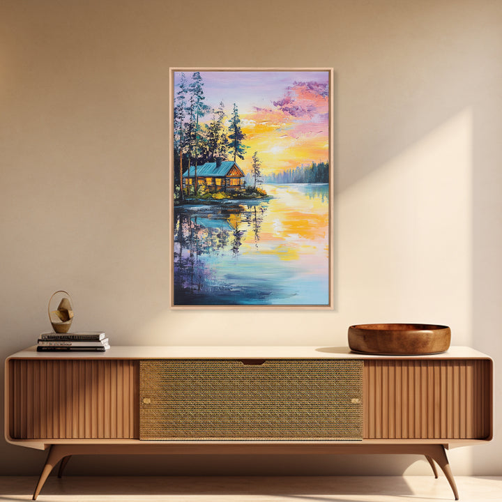 Cabin, Lake, Sunset, Framed Canvas Print, landscape painting, rustic wall art, above bed wall art, pine tree art, above sofa art