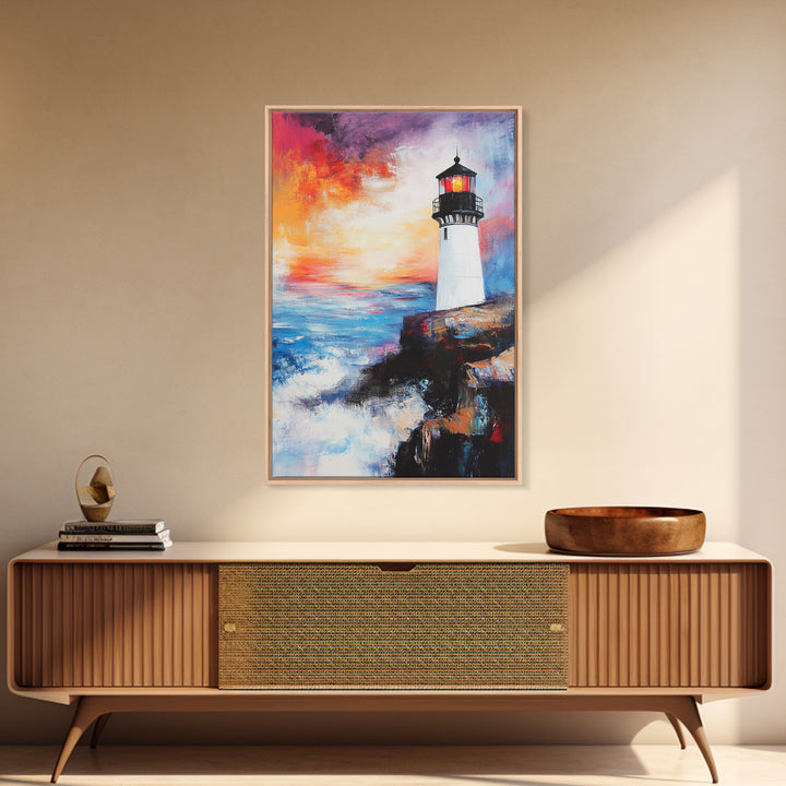 Lighthouse, Ocean, Sunset, Framed Canvas Print, coastal wall art, seascape painting, nautical painting, original painting, rustic decor