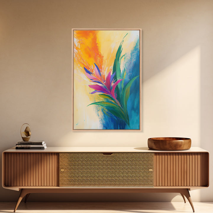 Bird of Paradise, Floral, Vibrant, Framed Canvas Print, botanical prints, tropical art, wildflower painting, boho art, pink orange wall art