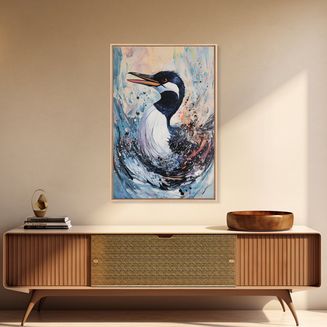 Abstract Loon, bird art, teal wall art, moody art, coastal decor, nautical painting, gift idea for her, Canvas Print, living room art