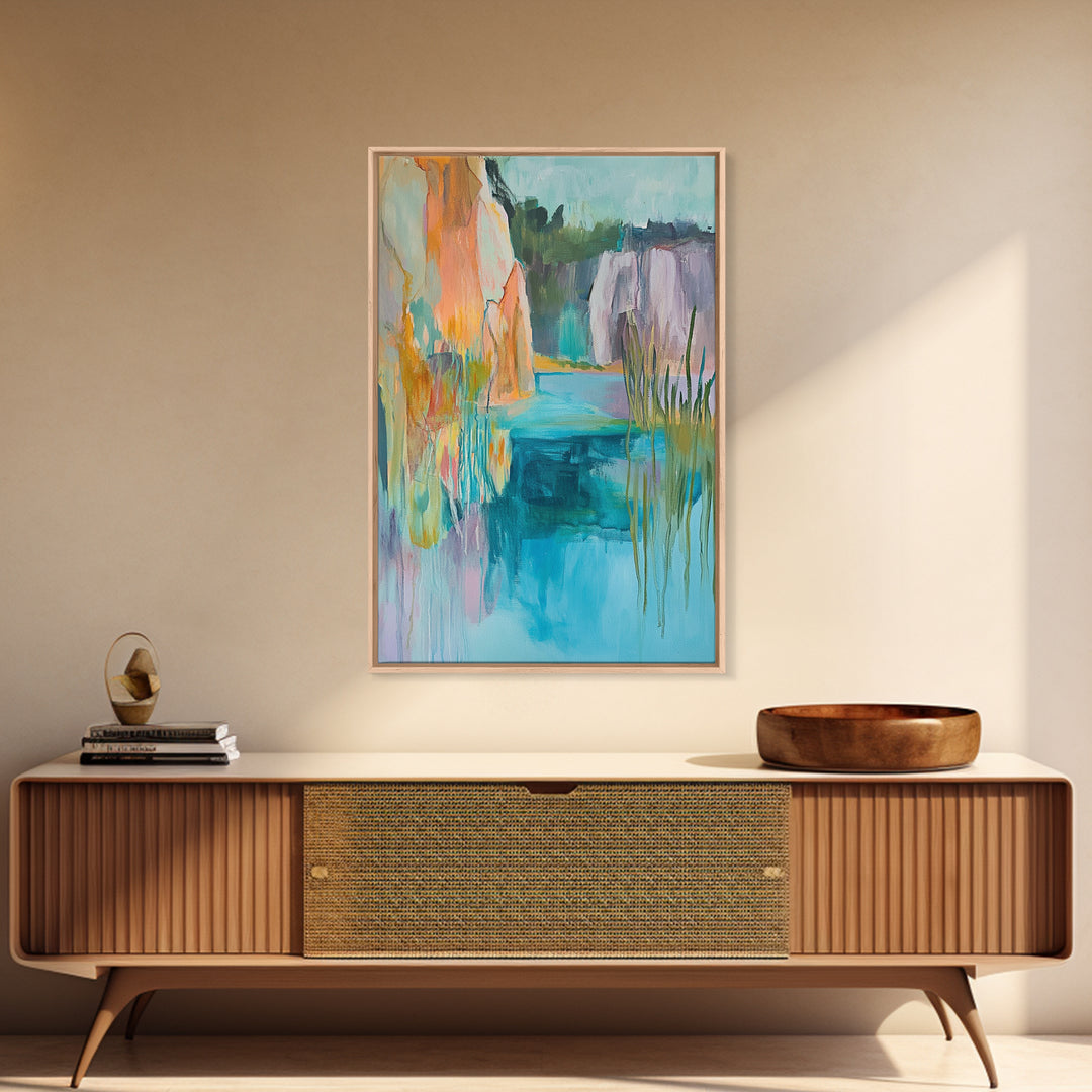 Abstract Landscape, blue and green wall art, horizon painting gray white, rustic art, gift idea for her, Framed Canvas Print