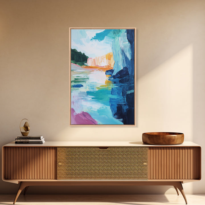 Canyon Lake, landscape painting, southwest wall art, moody art, blue and green wall art, extra wide art, Canvas Print, seascape painting