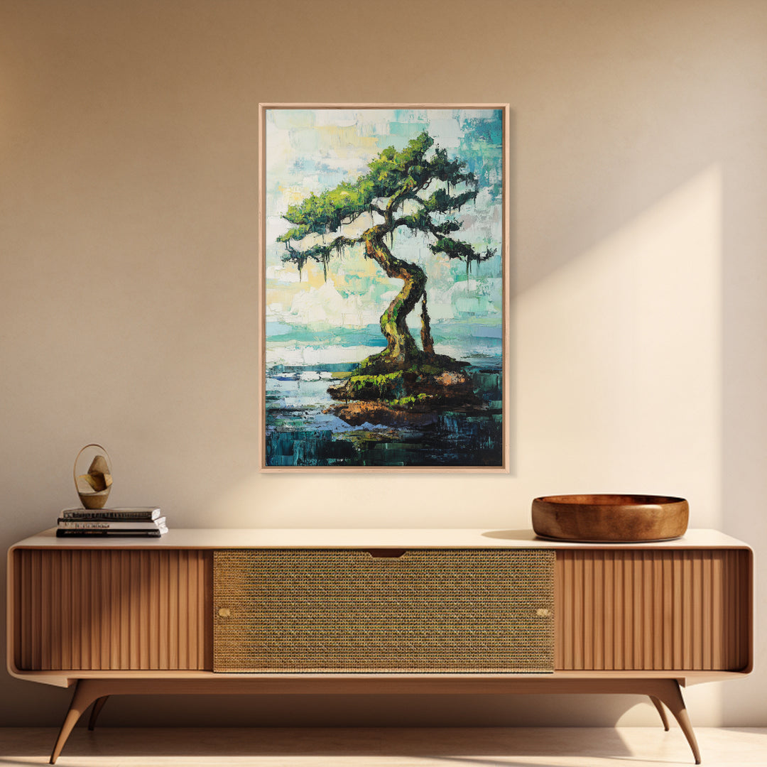 bonsai tree painting, zen wall art, coastal landscape art, blue and green wall art, wabi sabi art, Framed Canvas Print, botanical prints