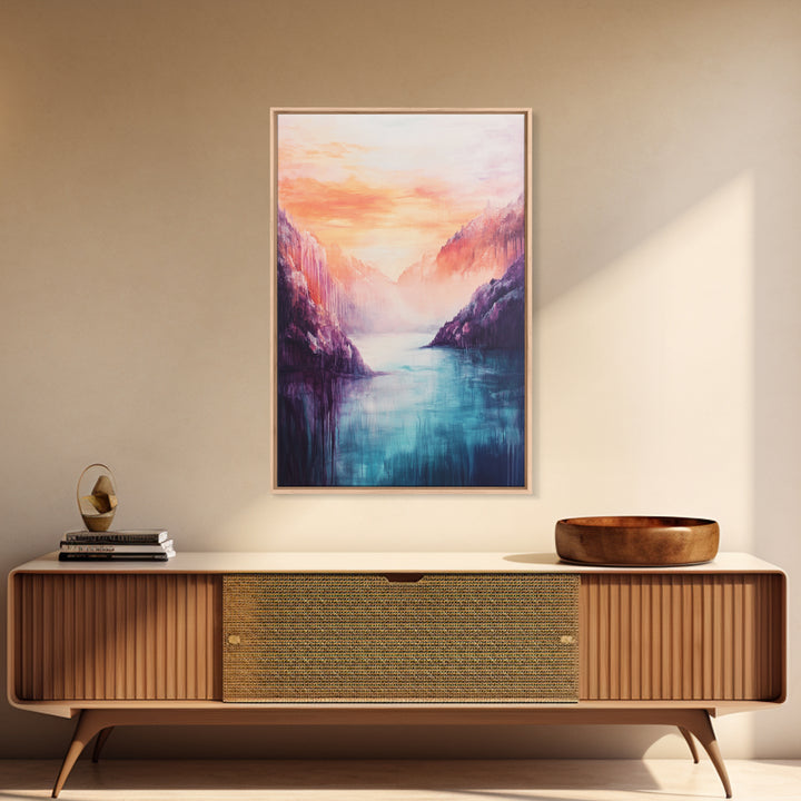 coastal decor, mountain painting, pink orange wall art, sunrise painting, landscape painting, Framed Canvas Print, abstract wall art