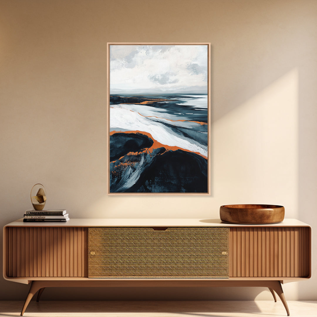 abstract seascape painting, blue and green wall art, modern coastal decor, wabi sabi art, Framed Canvas Print, extra wide art, moody art