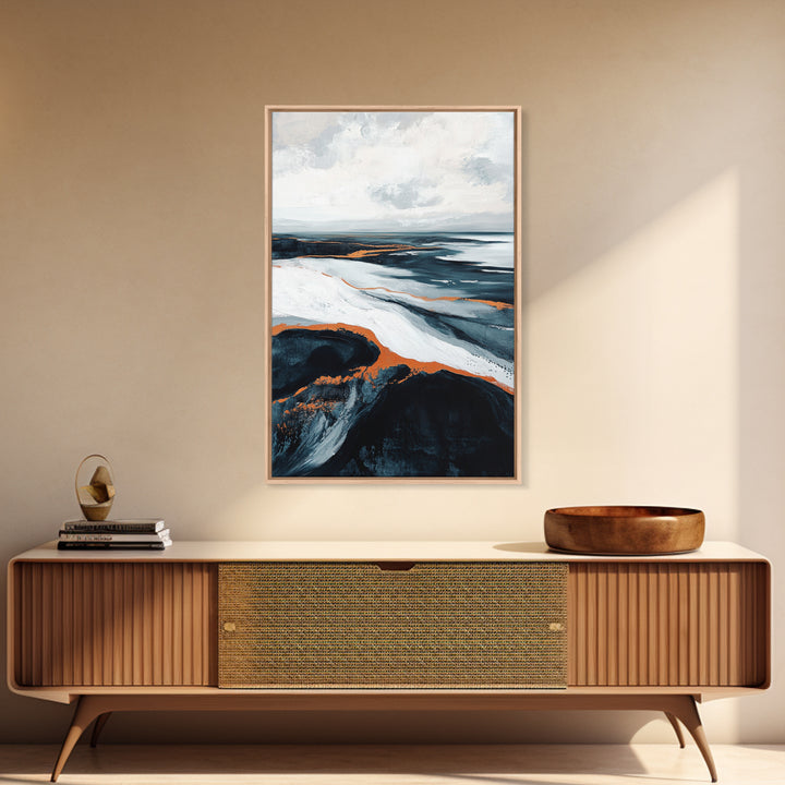 abstract seascape painting, blue and green wall art, modern coastal decor, wabi sabi art, Framed Canvas Print, extra wide art, moody art