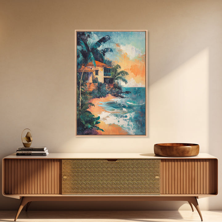 Coastal House, Tropical Art, Nautical Wall Art, Seascape Painting, Canvas Print, Palm Tree Art, Rustic Decor, Coastal Cowgirl Wall Art