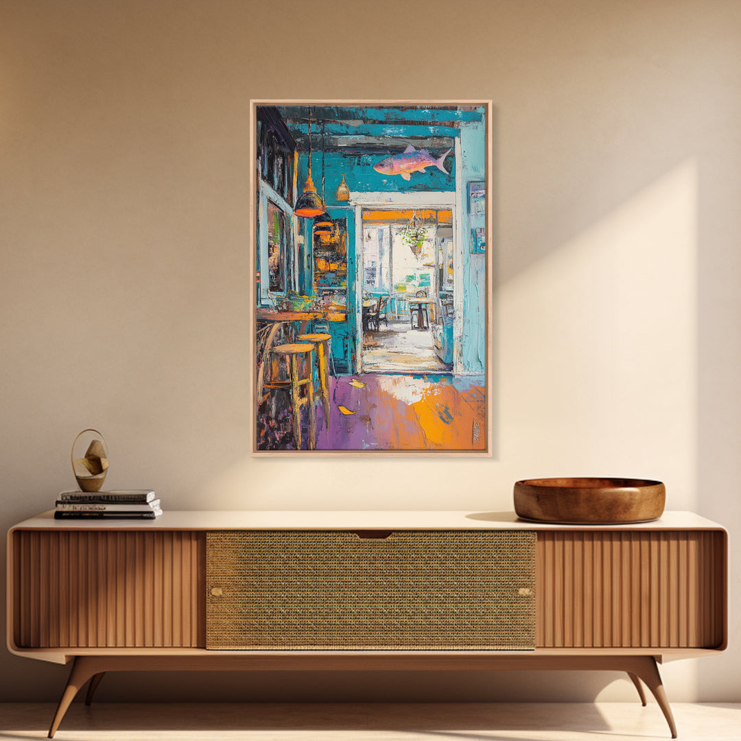 Rustic Bar Painting, Food Review Kitchen Art, Coastal Landscape Art, Canvas Print, Whimsical Art, Nautical Decor, Living Room Art