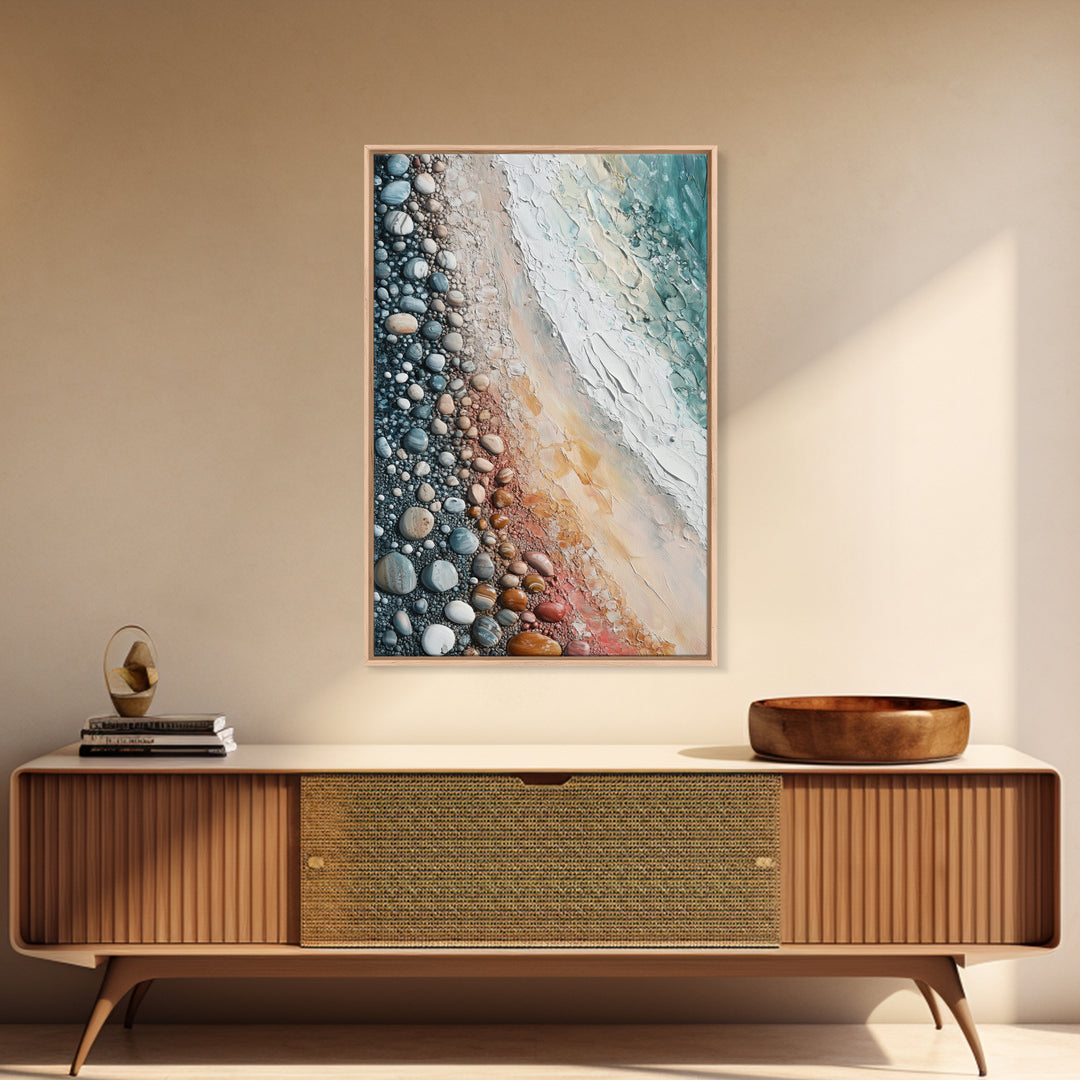 Pebble Beach, coastal painting, nautical decor, wabi sabi art, abstract seascape, textured wall art, ocean print, canvas print