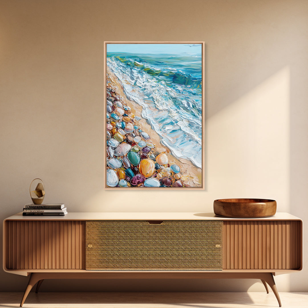 Ocean Shore, beach painting, coastal landscape art, nautical wall art, living room art, abstract seascape, framed canvas print