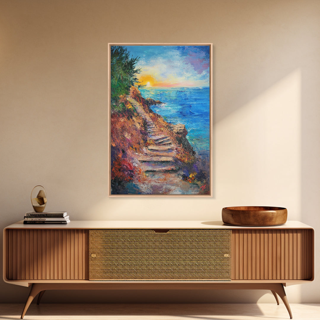 Coastal Path, landscape painting, nautical wall art, above sofa art, rustic decor, ocean view art, textured painting, canvas print