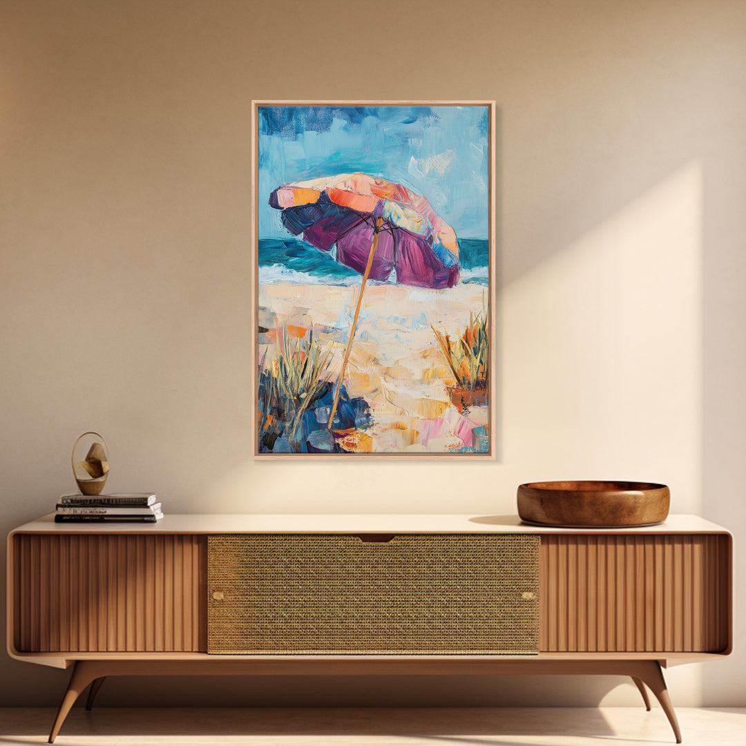 Beach Umbrella, Coastal Wall Art, Seascape Painting, Nautical Decor, Ocean Painting, Coastal Landscape Art, Framed Canvas Print