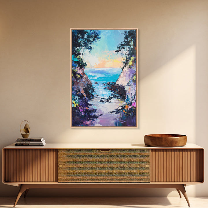 Coastal Cove, seascape painting, coastal decor, nautical wall art, blue and green wall art, framed canvas print, guest room art