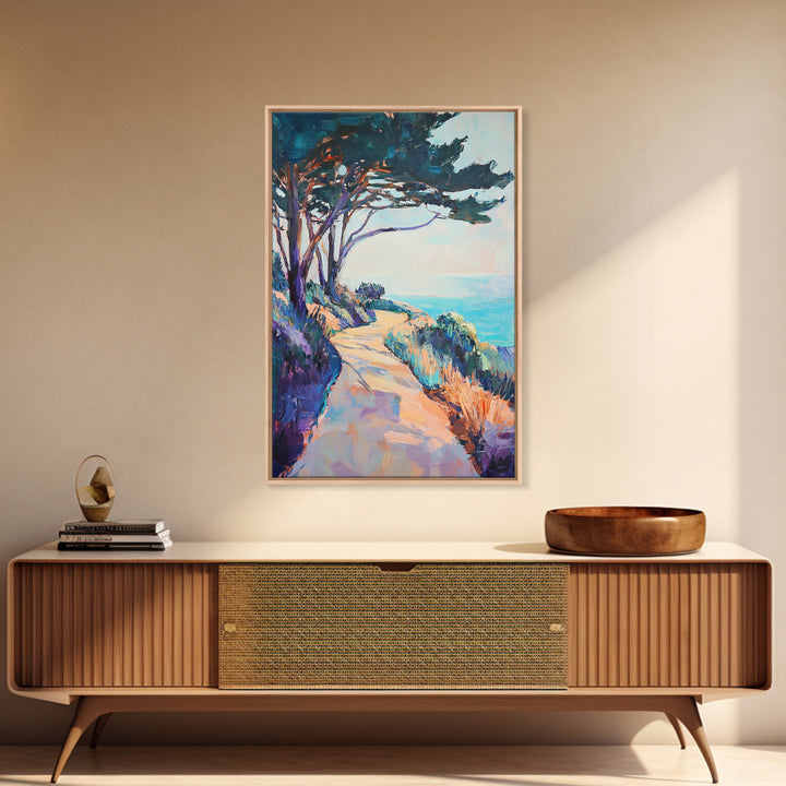 Ocean Cliff Path, coastal landscape art, pine tree art, rustic wall art, blue and green wall art, framed canvas, above bed wall art