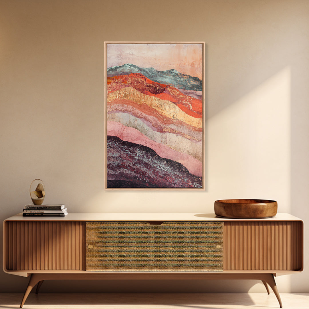 Abstract Landscape, mountain painting, geometric wall art, southwest wall art, moody art, gold abstract art, canvas print, wall art