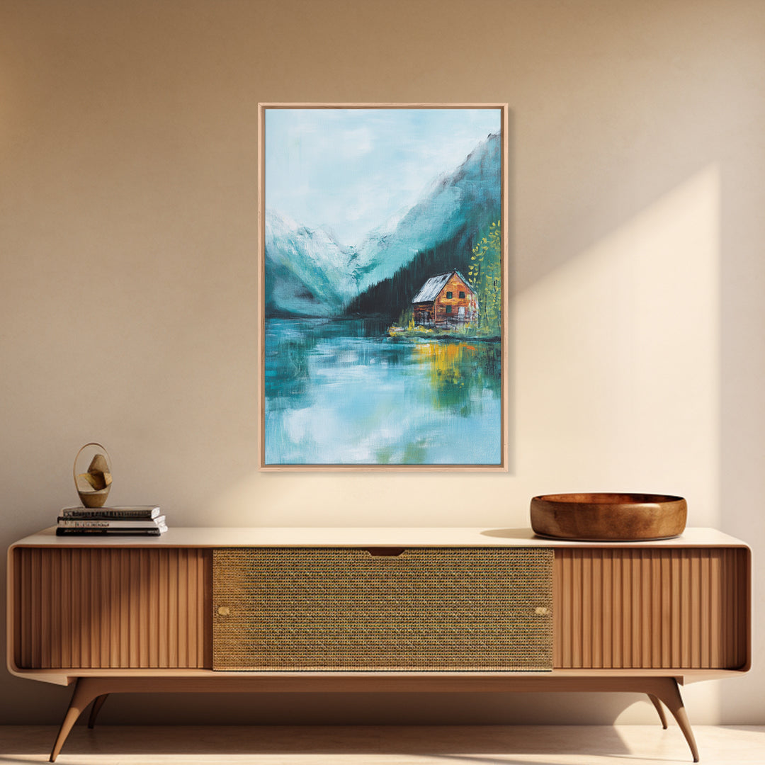 Cabin by Lake, lake Tahoe art, mountain painting, rustic wall art, bedroom art, nature wall art, framed canvas print, home decor