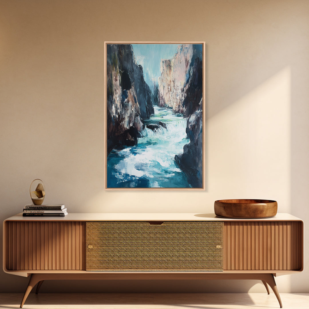 Rocky Waterfall, Moody Landscape, Canvas Print, Nature Painting, Rustic Decor, Adventure Art, Southwest Wall Art, Tall Narrow Art