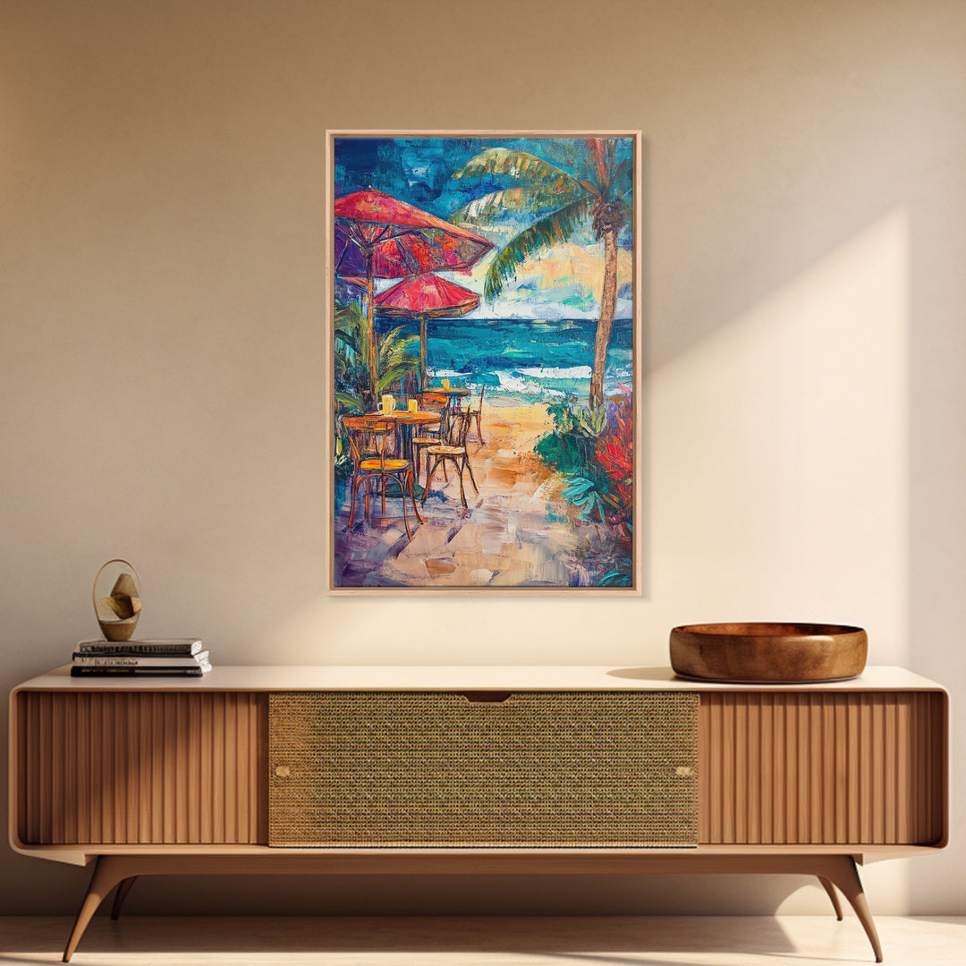 Beach Café, Coastal Landscape Art, Nautical Wall Art, Ocean Art, Seascape Painting, Coastal Decor, Canvas Print, Above Sofa Art