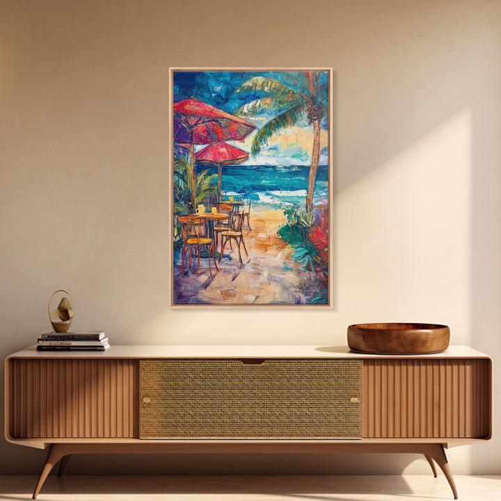 Beach Café, Coastal Landscape Art, Nautical Wall Art, Ocean Art, Seascape Painting, Coastal Decor, Canvas Print, Above Sofa Art