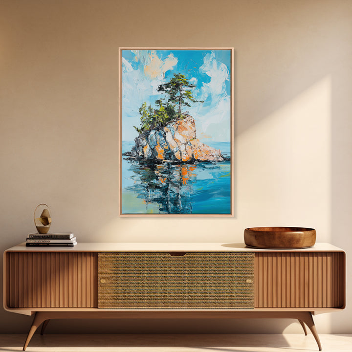 Rocky Island, Nature Painting, Canvas Print, Coastal Landscape Art, Ocean Wall Art, Nautical Decor, Living Room Art, Gift Idea