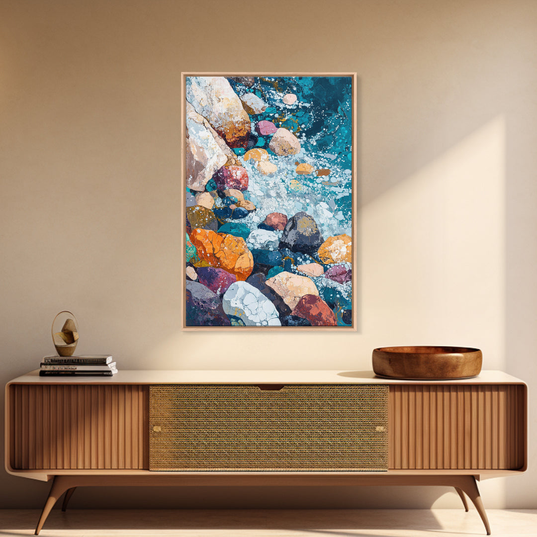 Pebble Beach, Ocean Painting, Canvas Print, Coastal Wall Art, Nautical Decor, Whimsical Art, Abstract Nature Art, Gift Idea