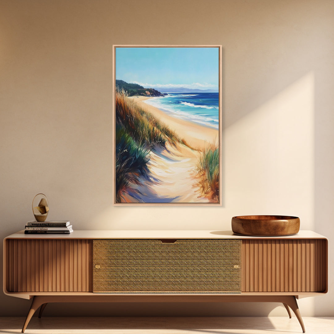 Coastal Sand Dunes Framed Canvas Print Serene Beach Painting, Ocean Landscape Wall Art, Relaxing Bedroom Decor, Nautical Home Style