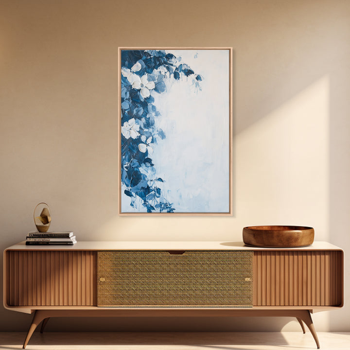Blue Floral Framed Canvas Print Modern Botanical Wall Art, Minimalist Flower Painting, Elegant Bedroom Decor, Contemporary Art Gift
