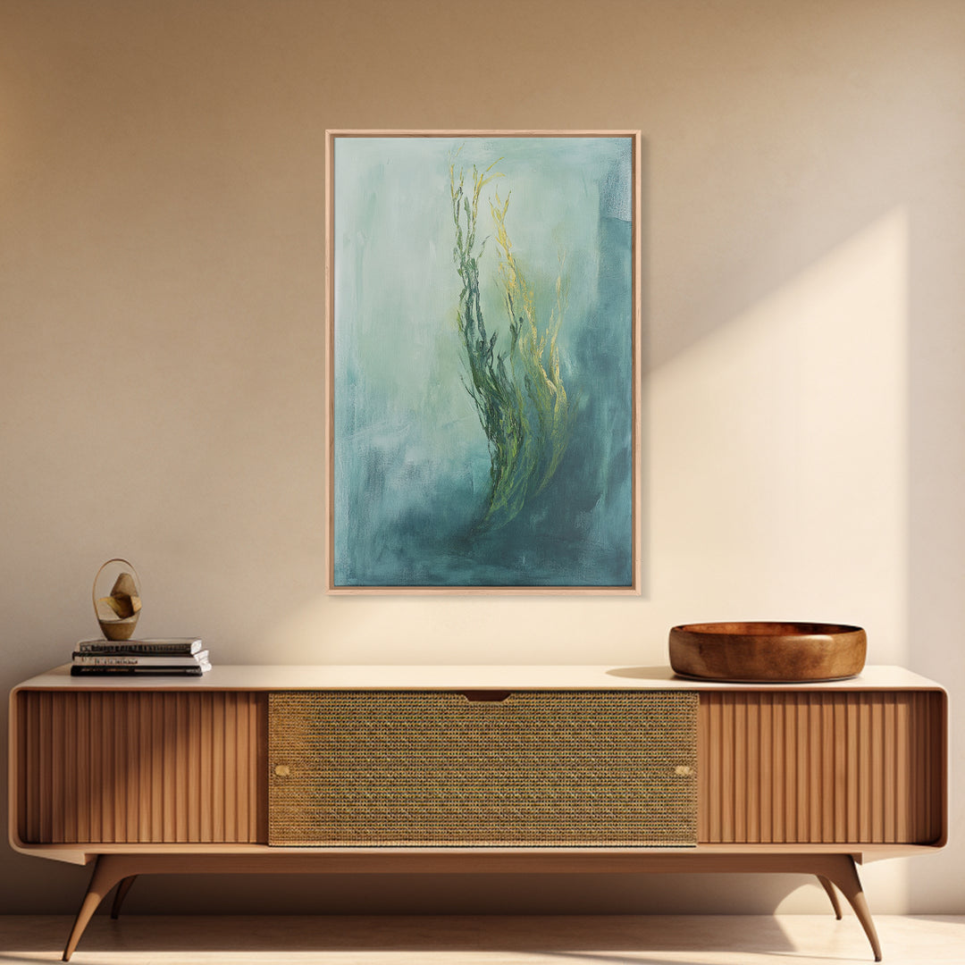Abstract Seaweed Framed Canvas Print Minimalist Ocean Art, Coastal Botanical Wall Decor, Blue Green Seaside Painting, Serene Home Style