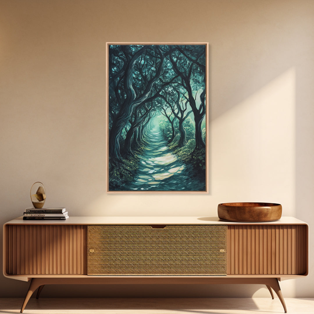 Mystical Tree Tunnel Framed Canvas Print Enchanted Forest Art, Fantasy Landscape, Dark Green Nature Decor, Living Room Wall Art