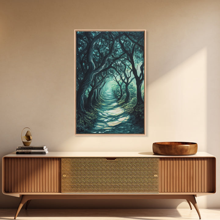 Mystical Tree Tunnel Framed Canvas Print Enchanted Forest Art, Fantasy Landscape, Dark Green Nature Decor, Living Room Wall Art