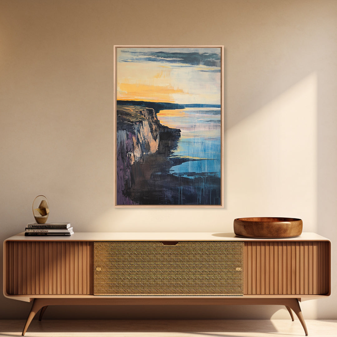 Dramatic Cliff Sunset Canvas Print Coastal Landscape Wall Art, Ocean Sunset Painting, Modern Beach Decor, Bedroom Aesthetic