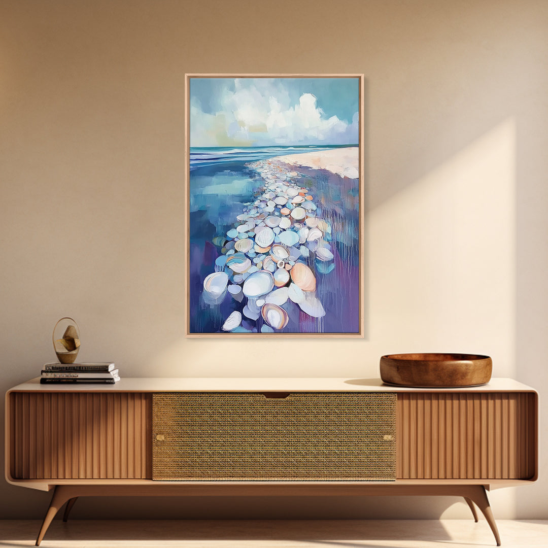 Coastal Shell Path Framed Canvas Print Beach House Decor, Nautical Ocean Art, Seaside Aesthetic, Living Room Coastal Wall Art