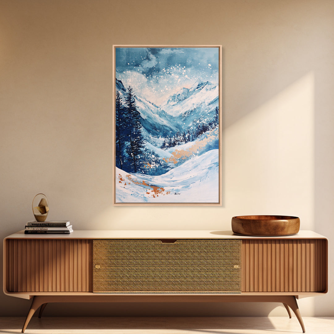 Blue Winter Wonderland Canvas Print Snowy Mountain Art, Nordic Landscape Painting, Ski Lodge Wall Decor, Christmas Holiday Artwork