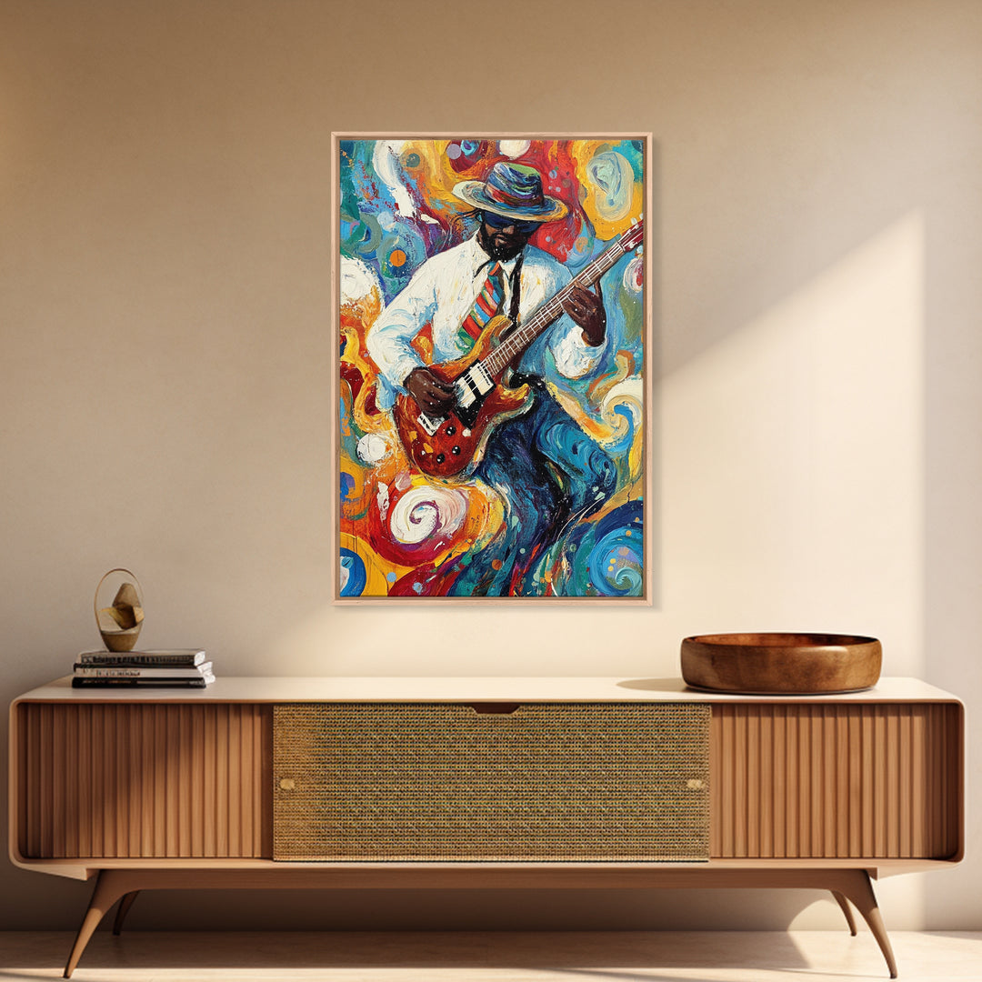 Abstract Jazz Musician Framed Canvas Print, Colorful Jazz Art, Music Wall Art, Living Room Art, Vibrant Musician Painting, Eclectic Art