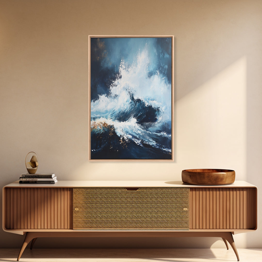Ocean Wave Power Framed Canvas Print, Coastal Wall Art, Abstract Seascape Painting, Nautical Decor, Beach House Art, Modern Ocean Art