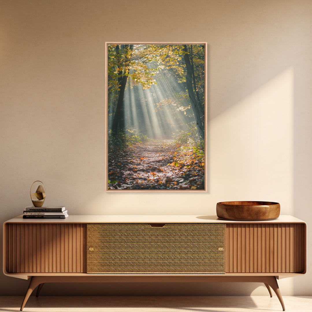 Sunlit Autumn Forest Path Canvas Print, Fall Wall Art, Nature Photography Print, Cozy Home Decor, Rustic Living Room Art, Cabin Wall Art