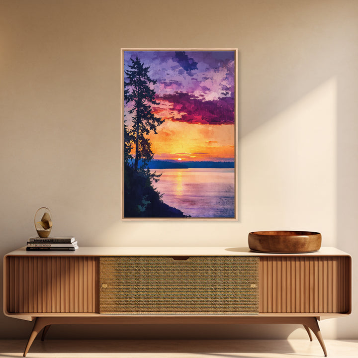 Serene Lakeside Sunset Canvas Print, Nature Wall Art, Water Reflection Painting, Tranquil Landscape Art, Peaceful Home Decor, Bedroom Art