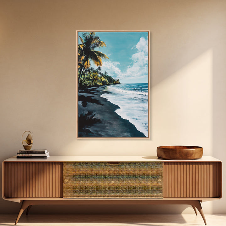 Black Sand Beach, Hawaii Art, Palm Tree Painting, Coastal Wall Art, Nautical Decor, Living Room Art, Canvas Print, Gift Idea