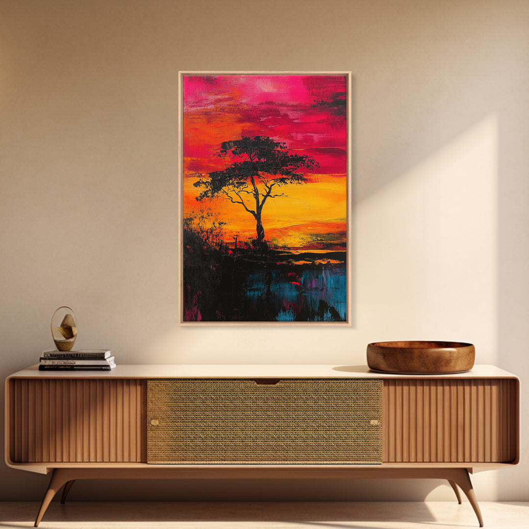 African Sunset Framed Canvas Print | Savanna Landscape Painting | Tree Silhouette Wall Art | Warm Sunset Decor | Rustic Home Art