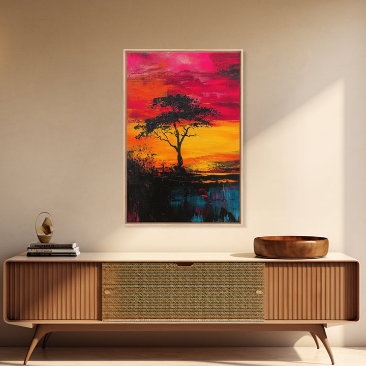 African Sunset Framed Canvas Print | Savanna Landscape Painting | Tree Silhouette Wall Art | Warm Sunset Decor | Rustic Home Art