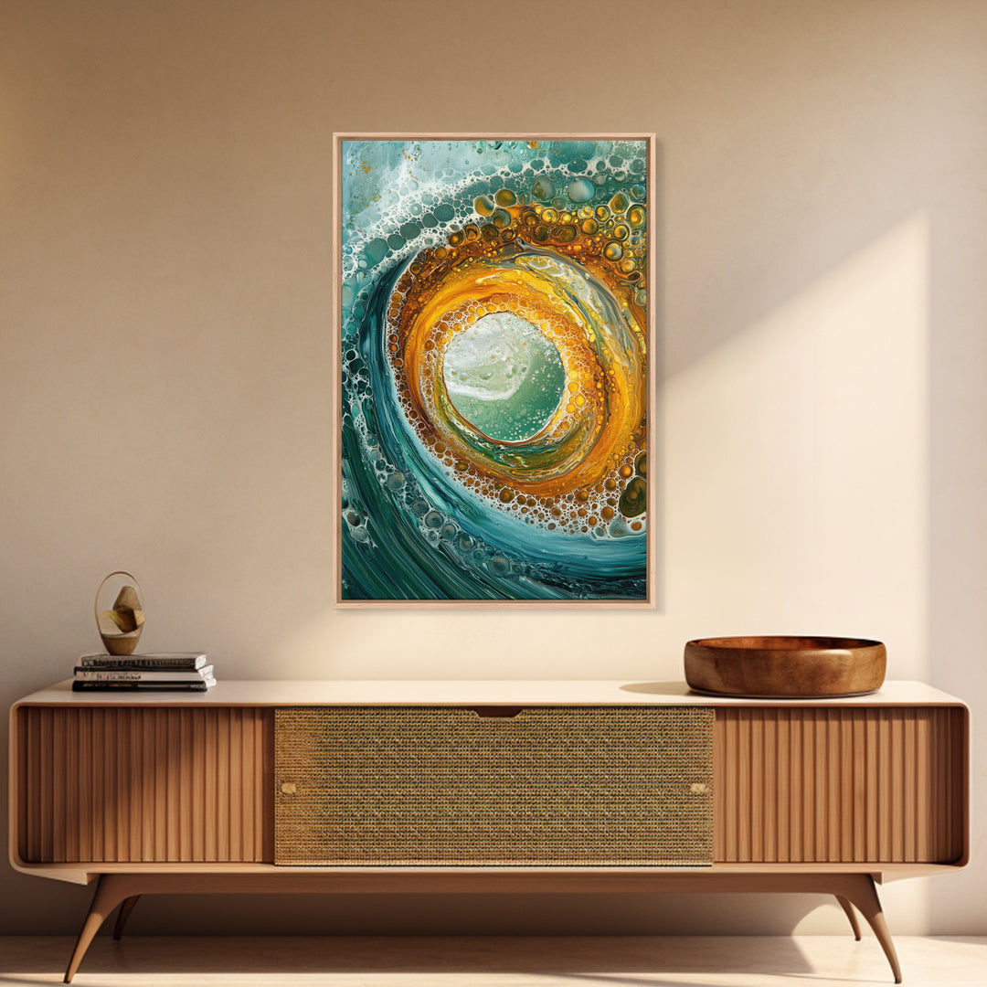 Ocean Wave Swirl Canvas Print | Abstract Beach Wall Art | Turquoise Gold Painting | Coastal Home Decor | Surfer Wall Art