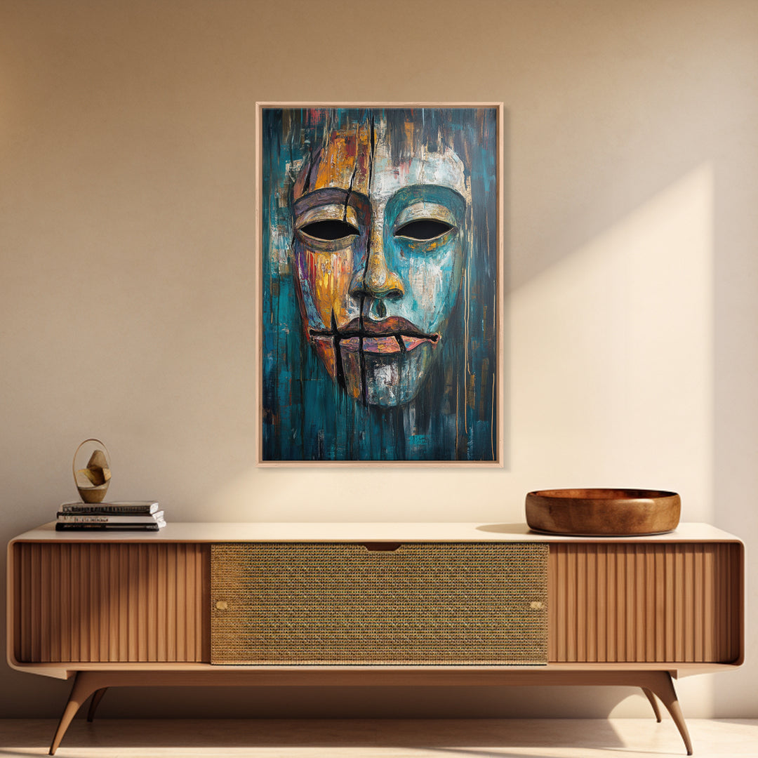 Abstract Mask Art Framed Canvas Print Ethnic Wall Decor Tribal Face Artwork Modern Expressionist Painting Boho Home Aesthetic Living Room