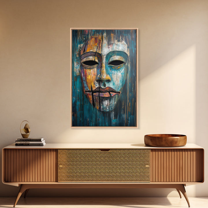 Abstract Mask Art Framed Canvas Print Ethnic Wall Decor Tribal Face Artwork Modern Expressionist Painting Boho Home Aesthetic Living Room