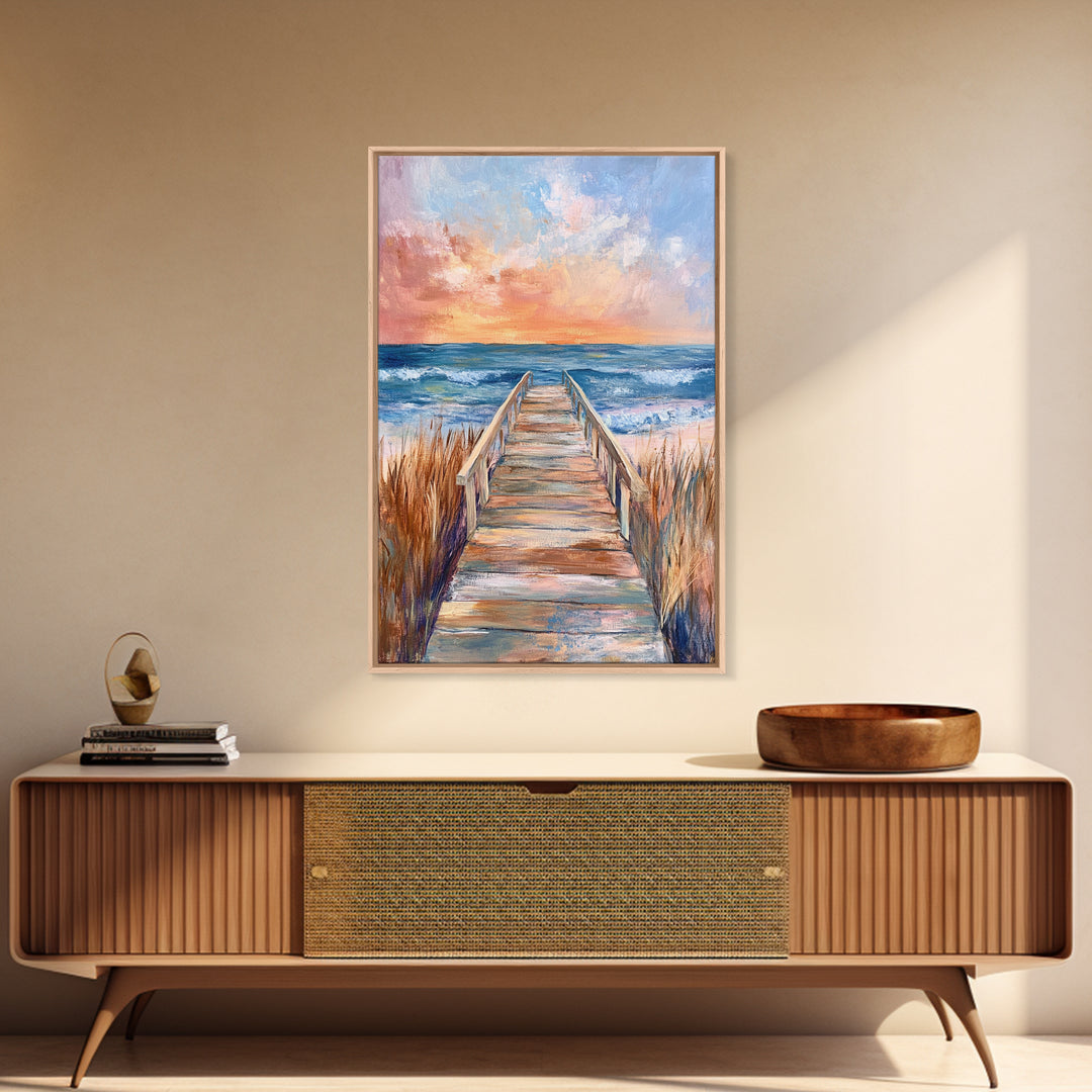 Coastal Sunset, Beach Boardwalk, Seascape Painting, Nautical Wall Art, Coastal Decor, Living Room Art, Canvas Print, Gift Idea